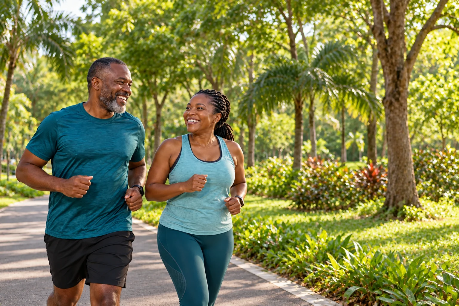 A smiling Nigerian couple jogging together in a leafy park